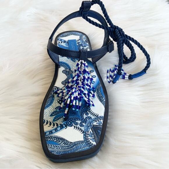 Farm Rio Blue Tile Beaded Lace Up Sandals Size 6 NEW WITHOUT BOX - Picture 5 of 16